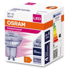 4.3W, GU10, LED spuldze, 2700K, 350lm, 36° - LEDVANCE